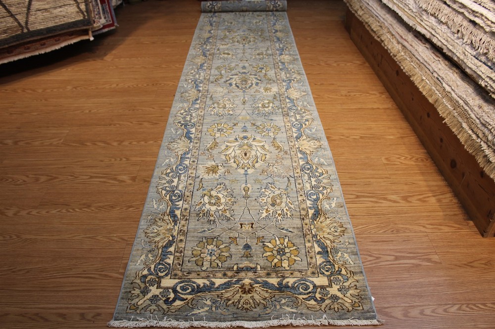 19 FT. Fine Quality Handmade Hall Runner gray, blue, green, beige, steal blue
