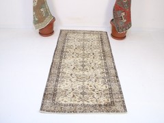 3×6 Beige Brown Accent Rug, Handmade Turkish Rug, Vintage Floral Muted, 3.0×6.1