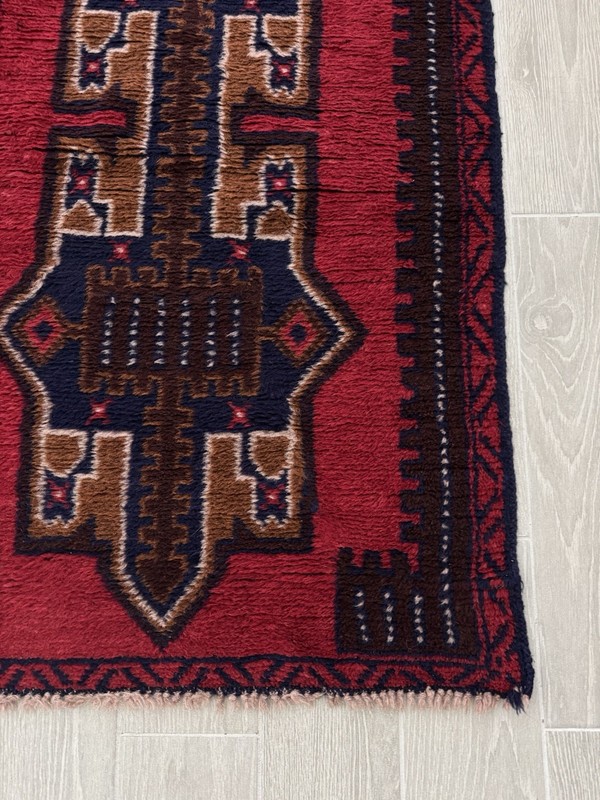 Hand-Knotted Prayer Balouch Red Blue Wool Oriental Rug 4’ 4” x 2’ 6.5” gallery
