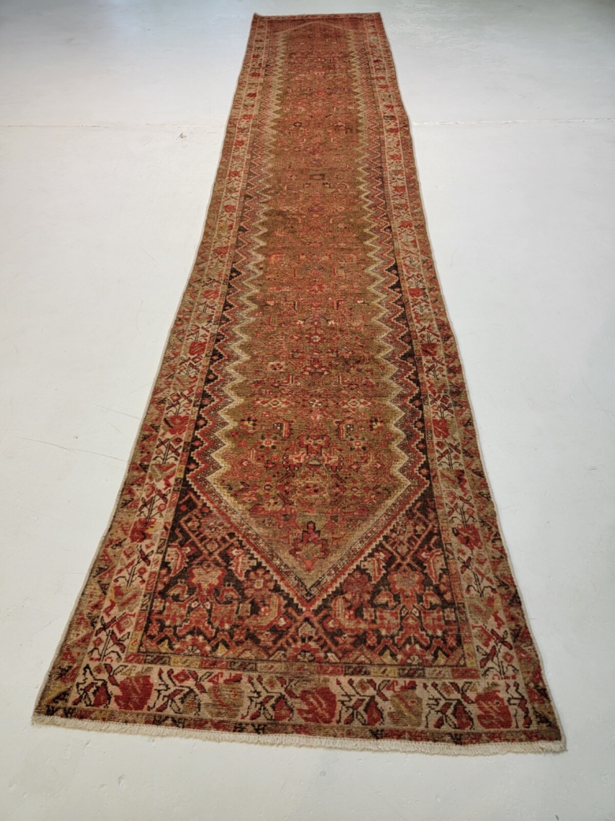 Antique Oriental Hand-Knotted Wool Runner Malayer Rust/Ivory/Brown 3' x 16' gallery
