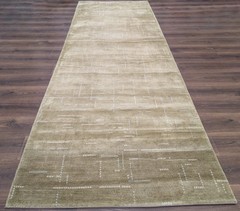 Modern Tibetan Runner 4 x 11.6, Olive Green, Wool & Silk, Hand Knotted