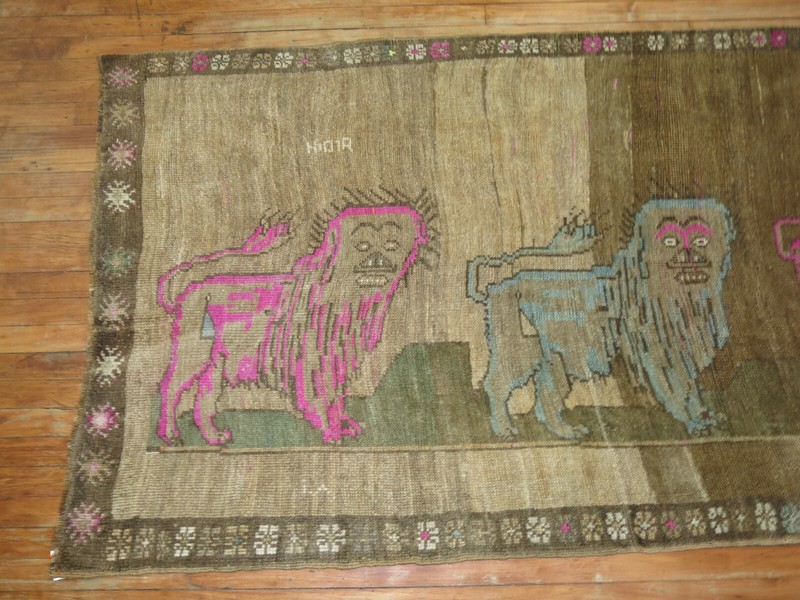 Vintage Kurdish Kars Pictorial Lion Gallery Rug Size 3'9''X9'5'' gallery