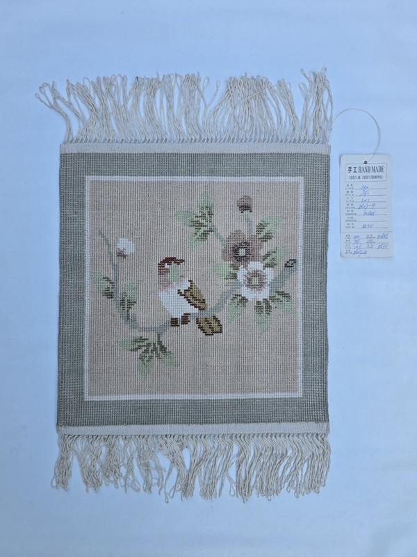 Vintage Chinese Shanghai Silk Carpet – Square 12"x13" – Handwoven Bird & Floral gallery