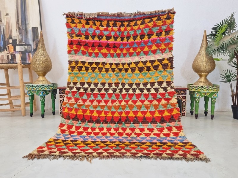 Moroccan Handmade Vintage Boucherouite Rug4'1x5'6 Berber Red & Yellow Cotton Rug gallery