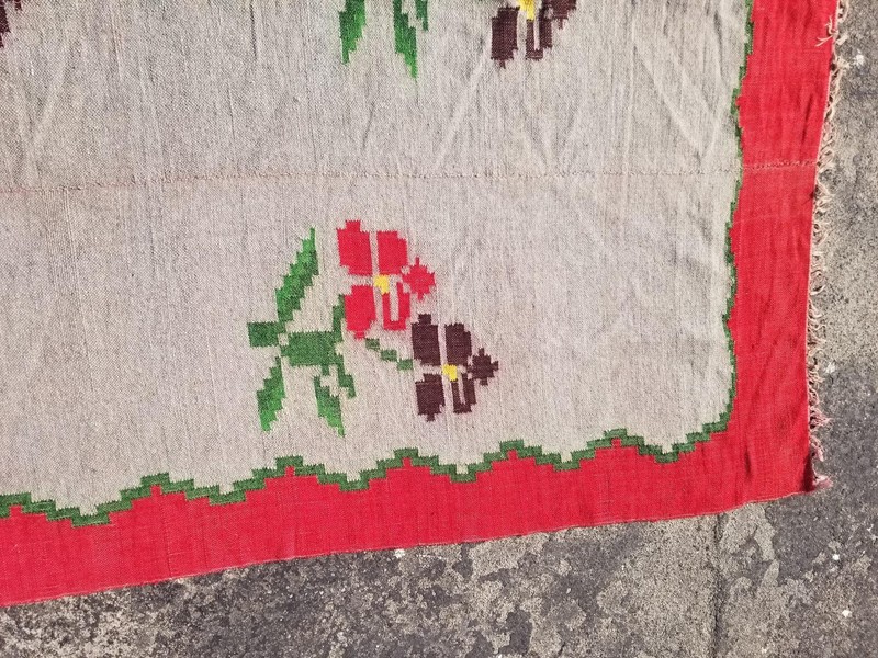 Vintage Traditional Handmade Romanian Floral Wool Kilim Rug 91x77 inches gallery