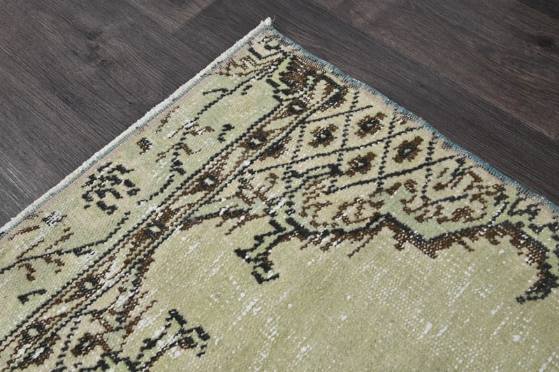 Vintage Turkish Runner Rug 2x6ft Wool Anatolian Handmade Hallway Oushak GREEN gallery