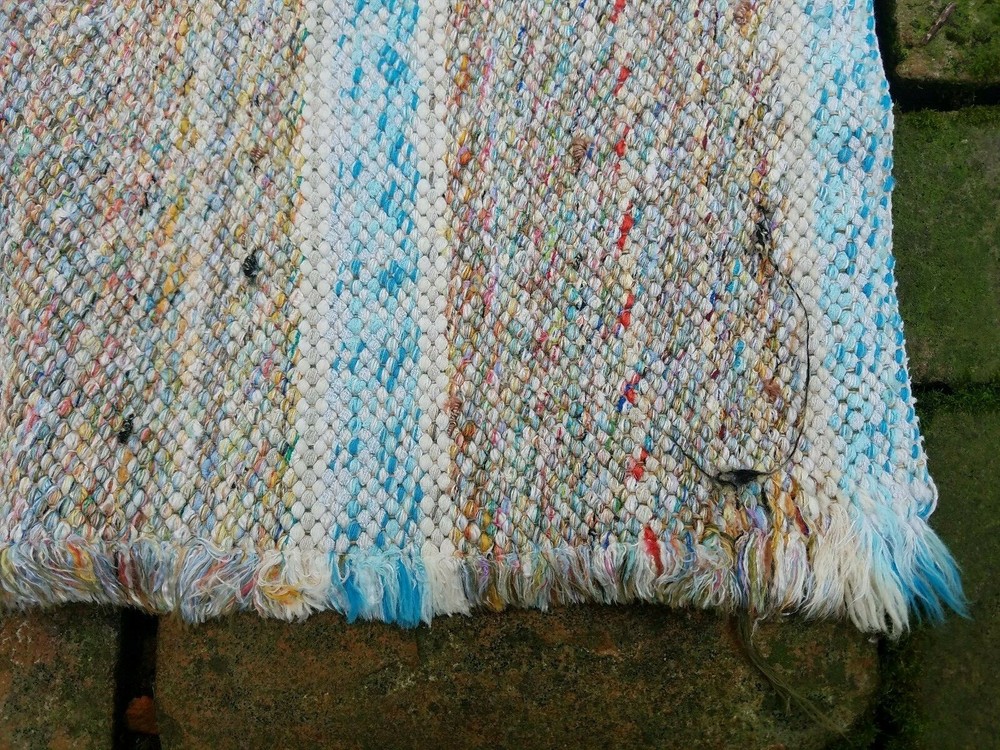 Vintage Cottage Core Rag Rug Blue and Gray stripes 26 x 44 in. VGC