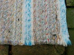Vintage Cottage Core Rag Rug Blue and Gray stripes 26 x 44 in. VGC