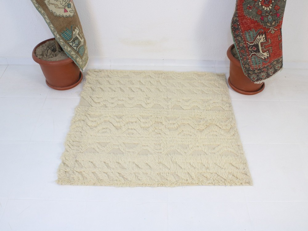 4x4 Turkish Handmade Square Rug Sheepskin Shag Wool 3.7x3.7 ft