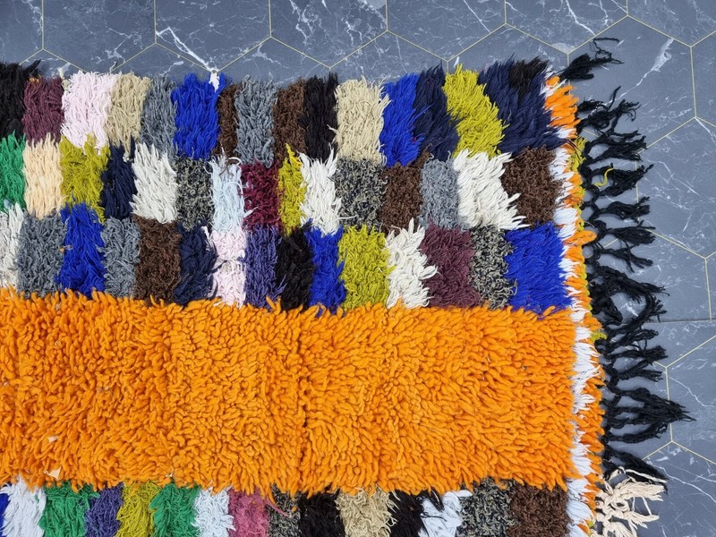 Moroccan Handmade Vintage Rug 2'6"x9'7" Berber Checkered Orange Blue Carpet gallery