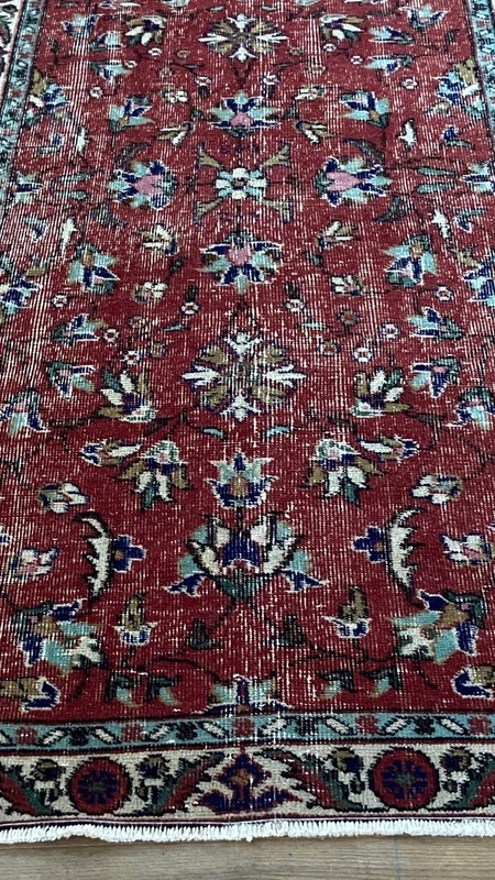 Handmade Red Vintage Oushak Carpet: 3.1x6.6 ft Turkish Floral Pattern Rug gallery