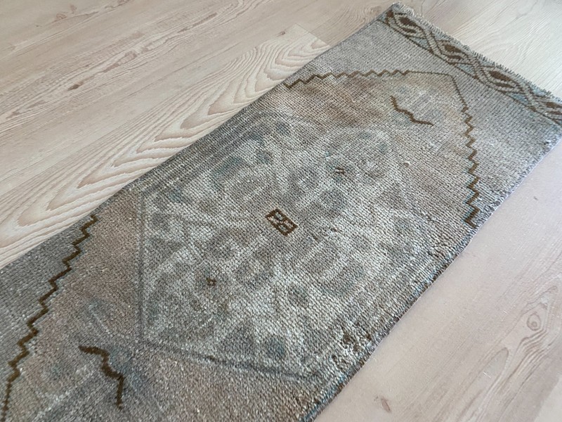 Muted Vintage Small Rug 1.1x2.8 ft with Minimal Medallion Neutral Bath Carpet gallery