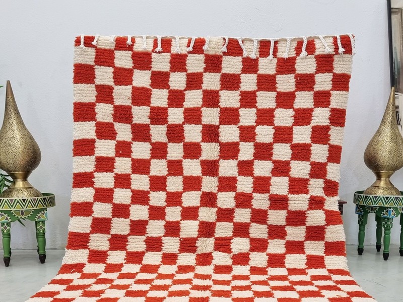 Moroccan Handmade BeniOurain Rug5'3x8'7 Berber Checkered Orange & White Wool Rug gallery