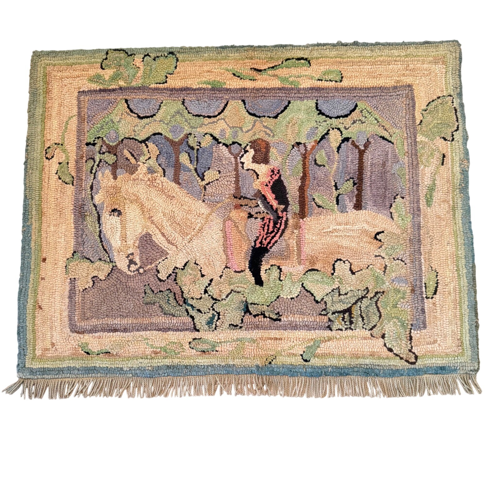 Antique Hand Hooked Rug Equestrian Horse Rider Folk Art Burlap Feed Sack 35x27 gallery