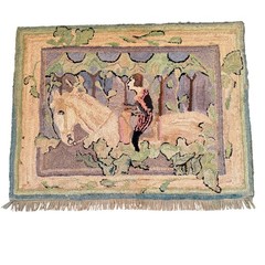 Antique Hand Hooked Rug Equestrian Horse Rider Folk Art Burlap Feed Sack 35×27