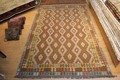Southwestern style flat woven Kilim Wool Rug 10’X7′ Wool NAVAJO DIAMOND DESIGN