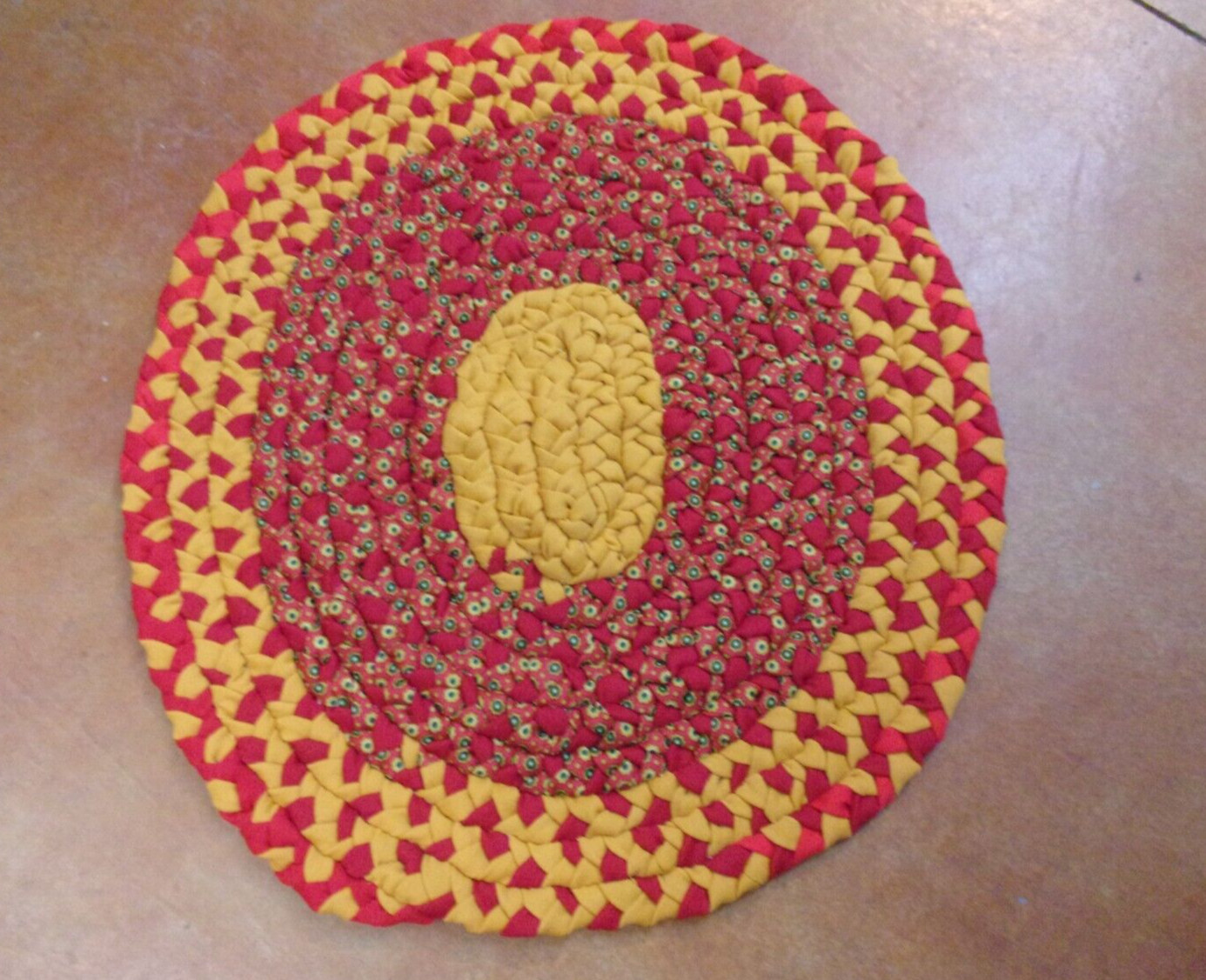 Vintage Handmade Braided Rug - New/Unused - 27" X 24" - Red/Gold gallery