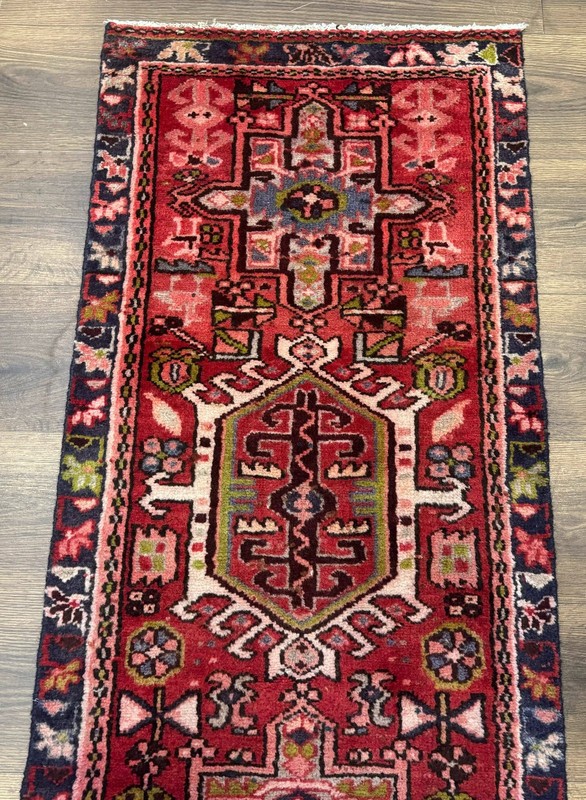 Heriz Karajeh Runner Rug 2x9 Geometric Medallions Red Navy Blue gallery