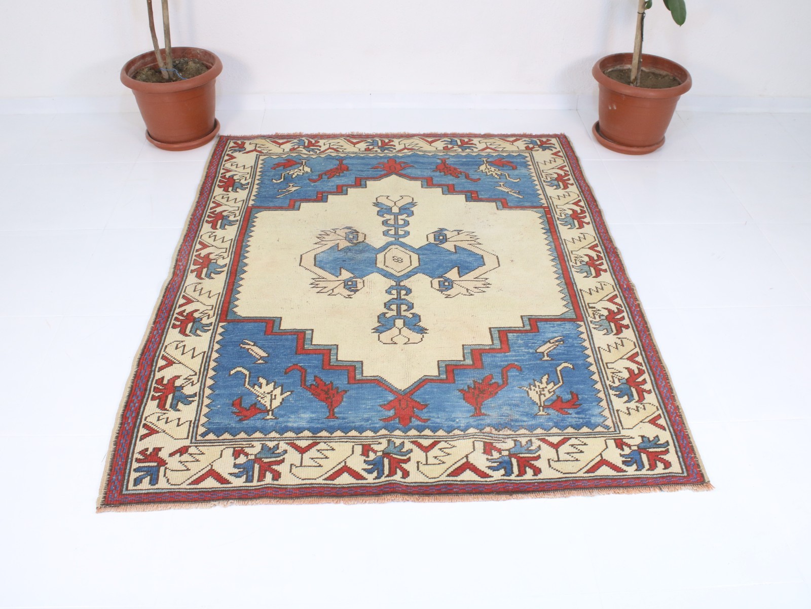 Vintage Hand Knotted Area Rug Blue Red Beige Tribal Medallion 5x6 ft gallery