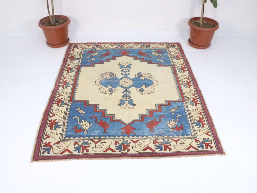 Vintage Hand Knotted Area Rug Blue Red Beige Tribal Medallion 5x6 ft
