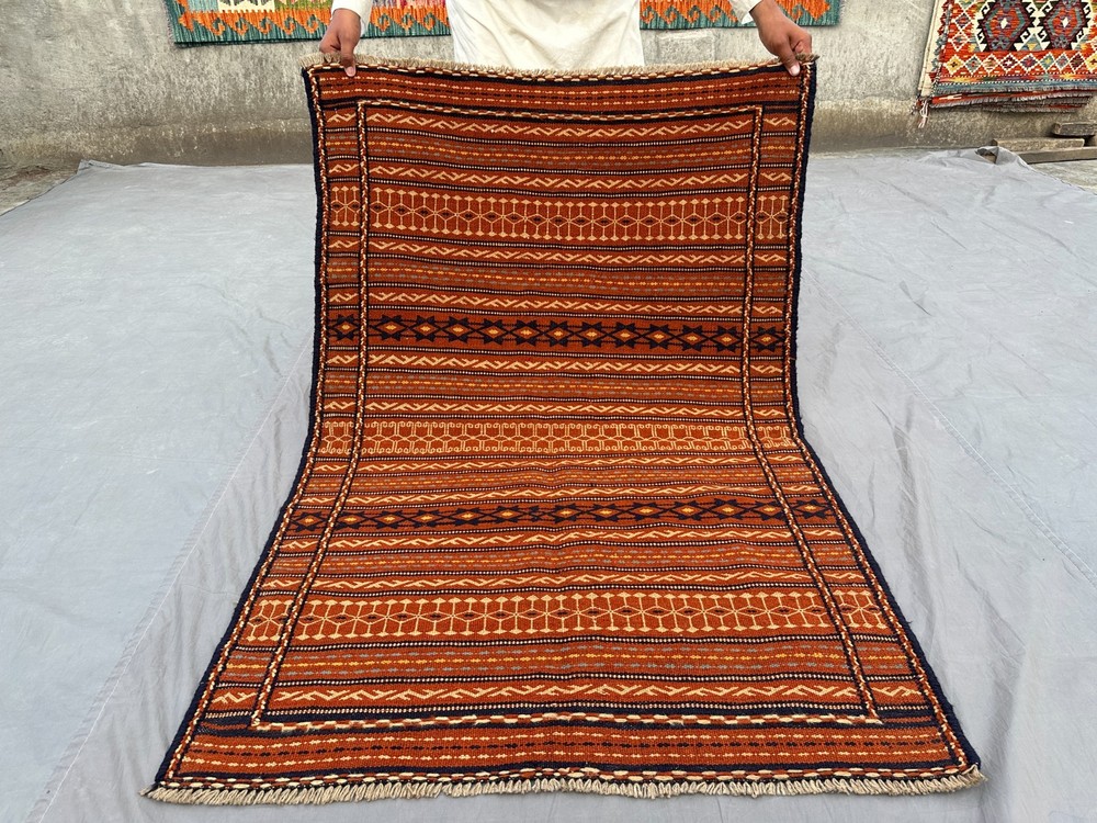 3'4 x 4'11 ft Vintage Afghan Sumak Kilim Rug Handwoven Tribal Wool Area Carpet
