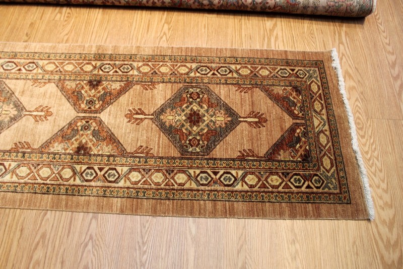_HANDMADE_ORIENTAL_RUG 10 Ft. RUNNER VEGGIE dye Camel Salmon green *WOOL-RUG*** gallery