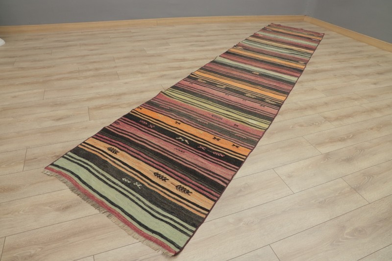 Striped Turkish Cappadocia Kilim Runner Rug Anatolian Hand Knotted Carpet 3x13ft gallery