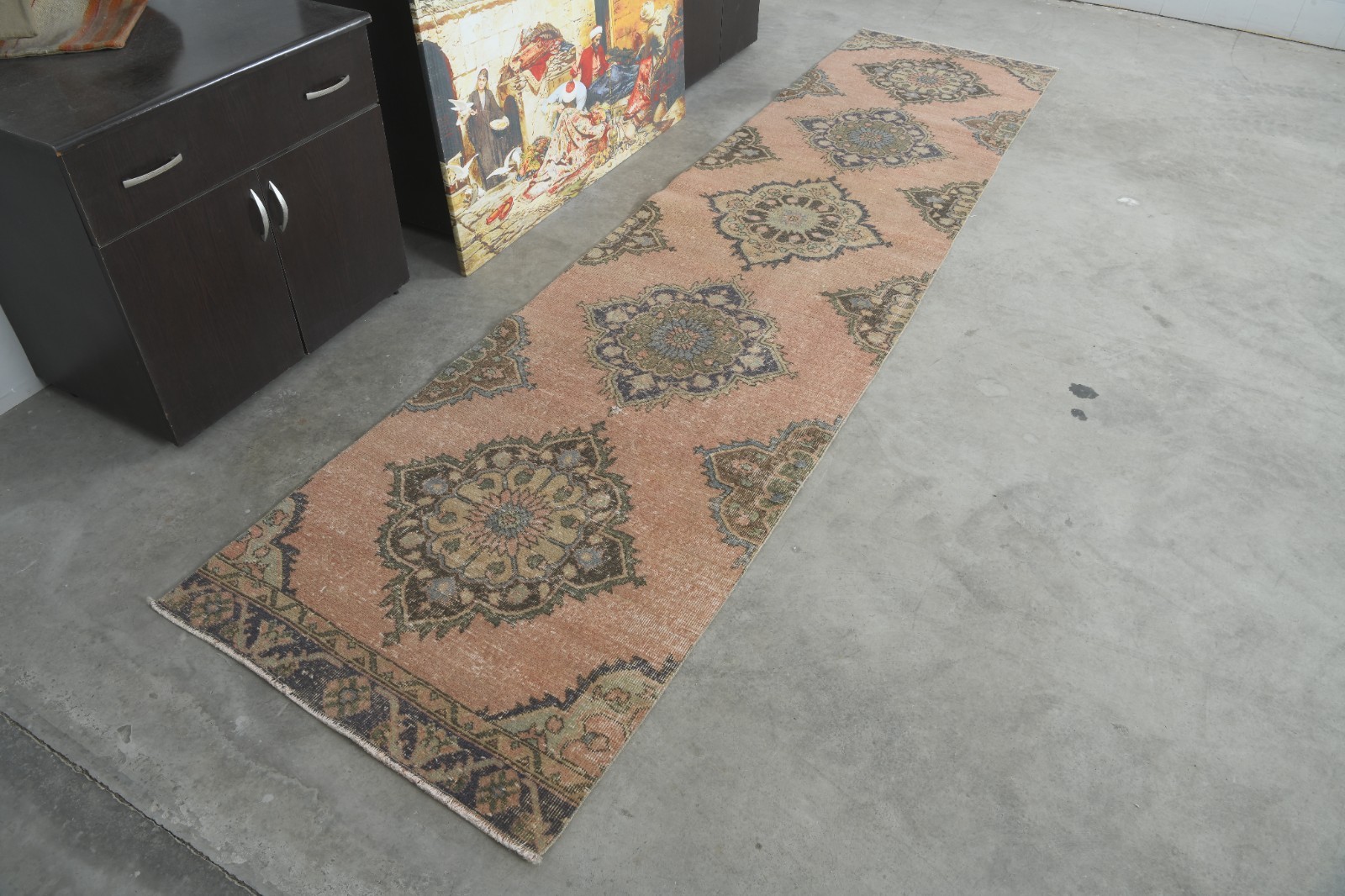 3x13 turkish runner rug, handmade vintage long rug, faded oushak runner,311 gallery