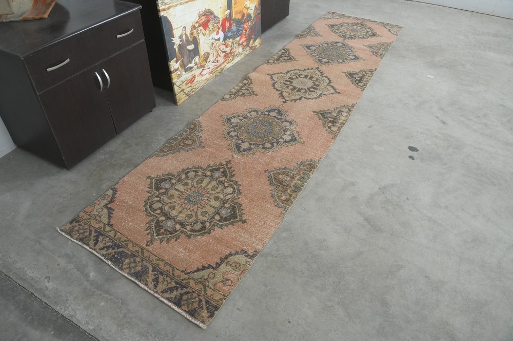 3x13 turkish runner rug, handmade vintage long rug, faded oushak runner,311