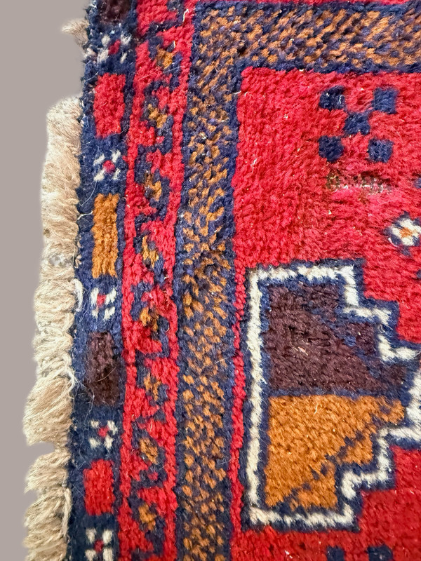 Vintage Hand Knotted Wool Tribal Rug – Red Field Geometric Medallions 33x53 gallery