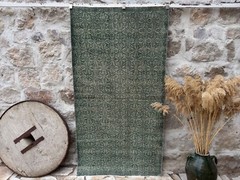 Hand-Knotted Vintage Area Rug 4×7 Green Wool Geometric Carpet for Bedroom