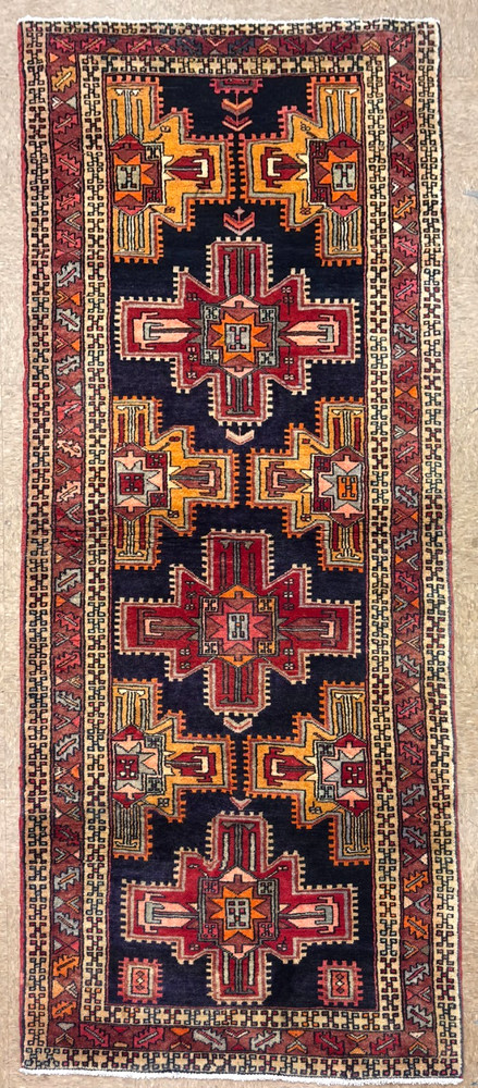 Vintage Hand Knotted 4x10 Navy Wool Tribal Geometric Ardebil Runner Area Rug