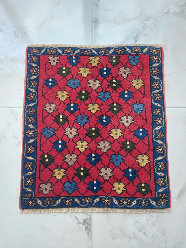 1900s Square Handmade Antique Rug Blue Floral Geometric Rug Free Shipping Rug gallery