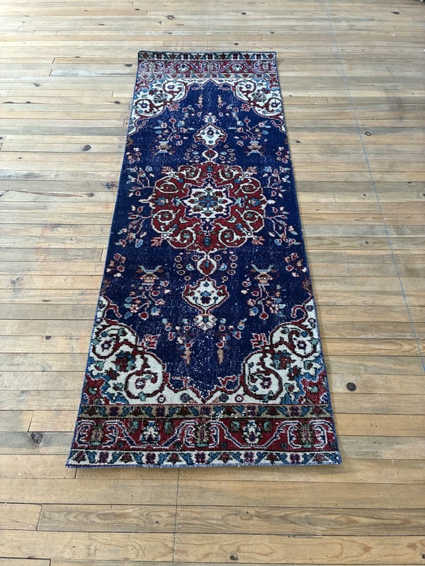 Hallway Kitchen Runner Rug 2x7 Vintage Turkish Navy Blue Red Floral Wool Mat gallery