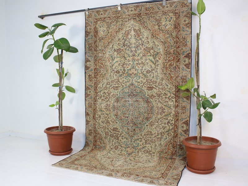 Vintage Turkish Rug 4.3x7.9 ft – Hand Knotted Wool Carpet, Beige Rust & Blue gallery
