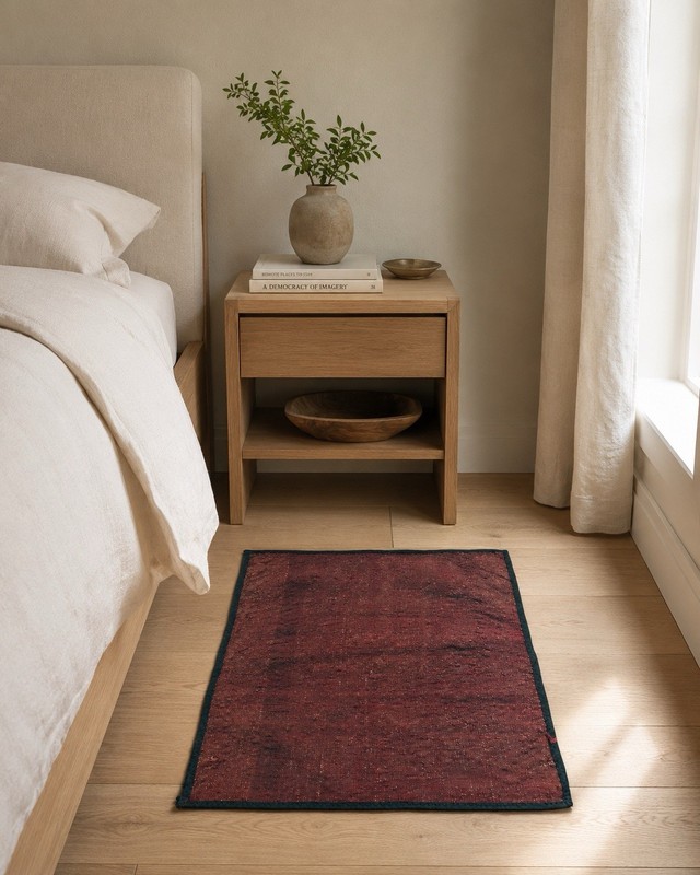Vintage Afghan Wool Silk Kilim Rug Mat Handmade Minimalist Burgundy Red 18x22 in gallery