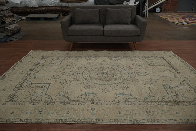 Heritage Inspired: Ornate Beige Rug with Subtle Blue Hues Handmade Carpet 7x10 gallery