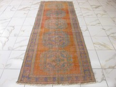 Old Muted Oushak Runner Rug Oriental Orange Wool Antique Decor Hallway Carpet