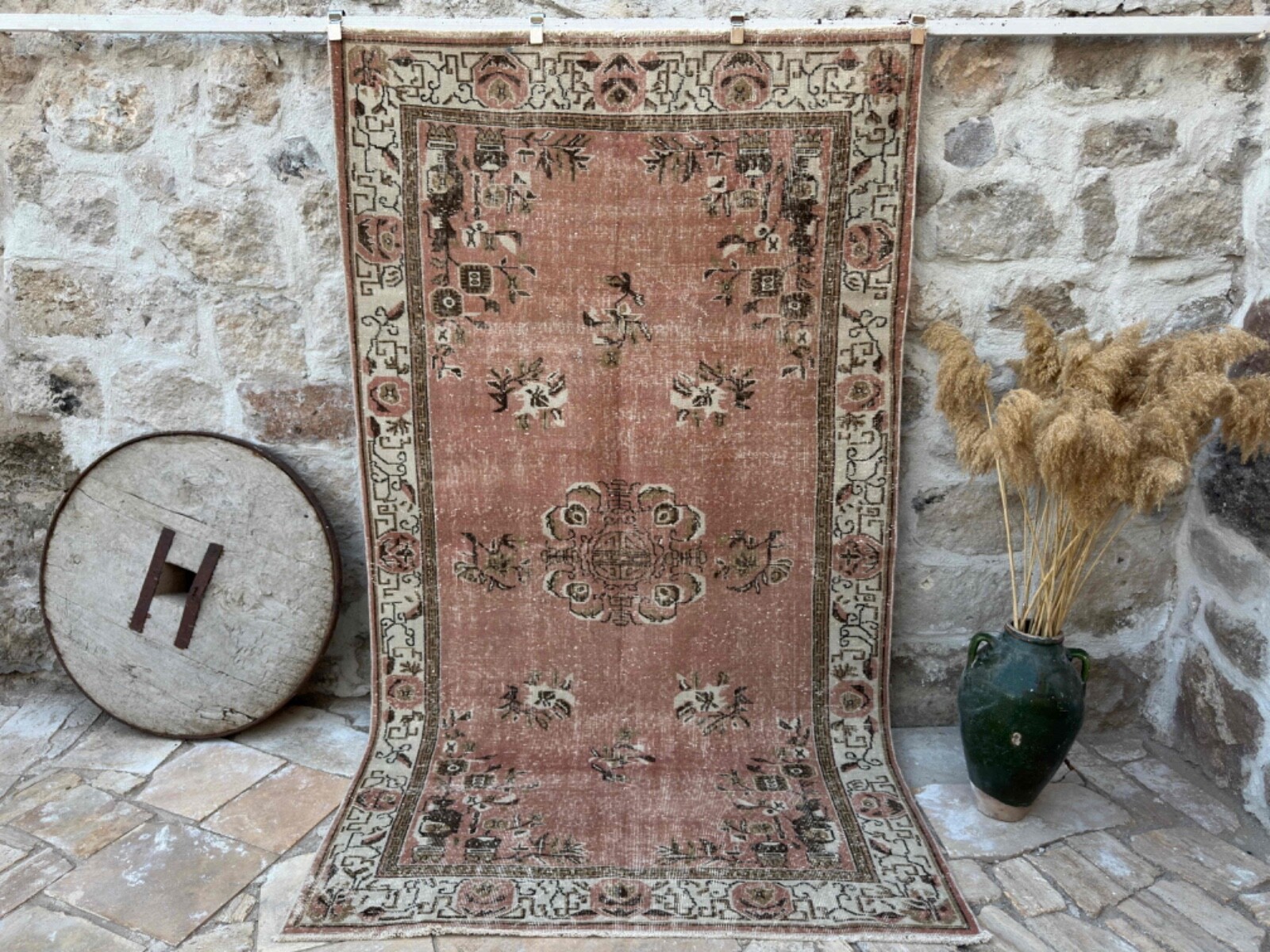 Hand-Knotted Area Turkish Rug 5x9 Pale Orange Wool Medallion Carpet Large gallery