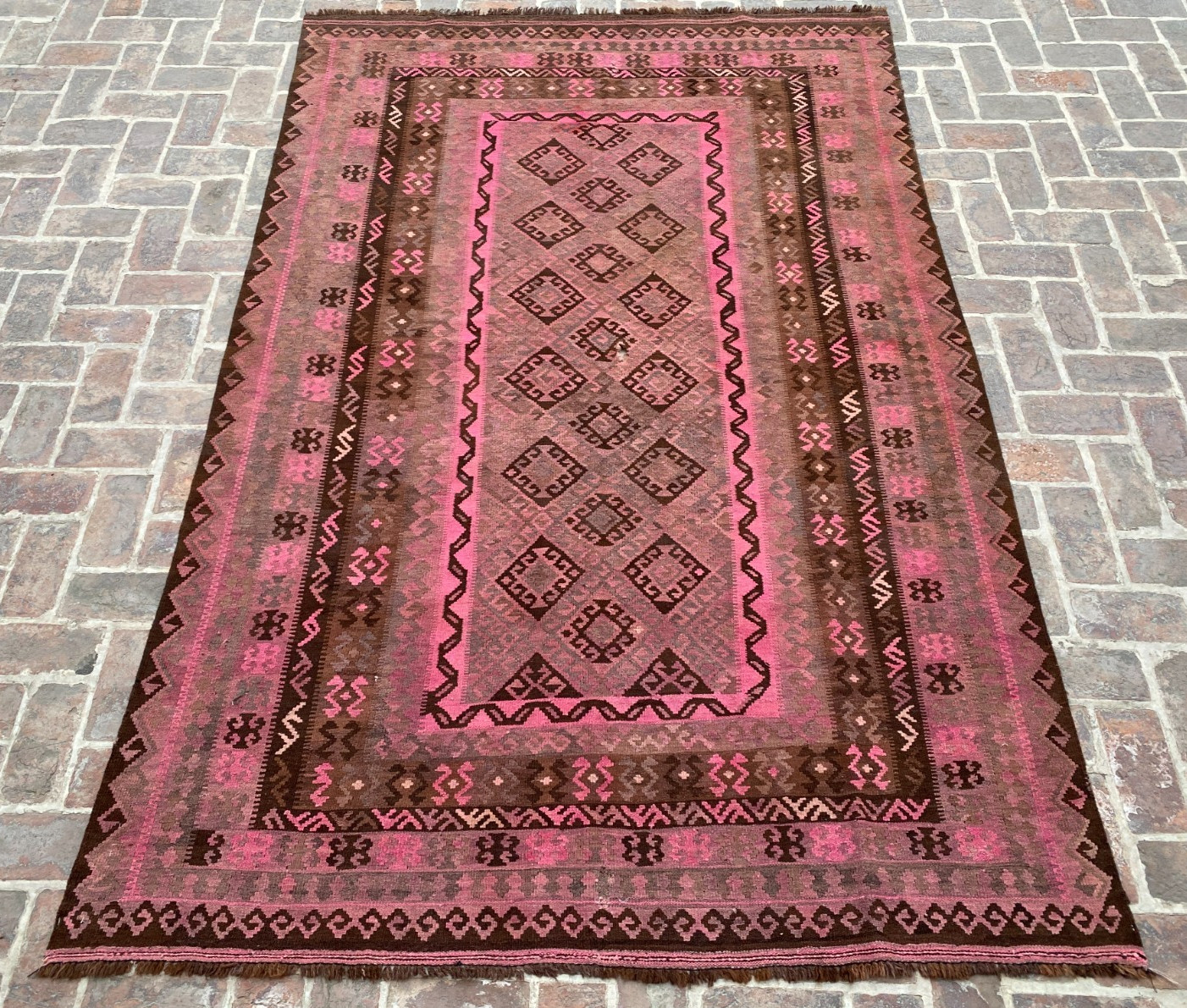 6.3x9.9 Afghan Maimana Kilim Rug Pink Brown Geometric Handmade Flatweave Vintage gallery