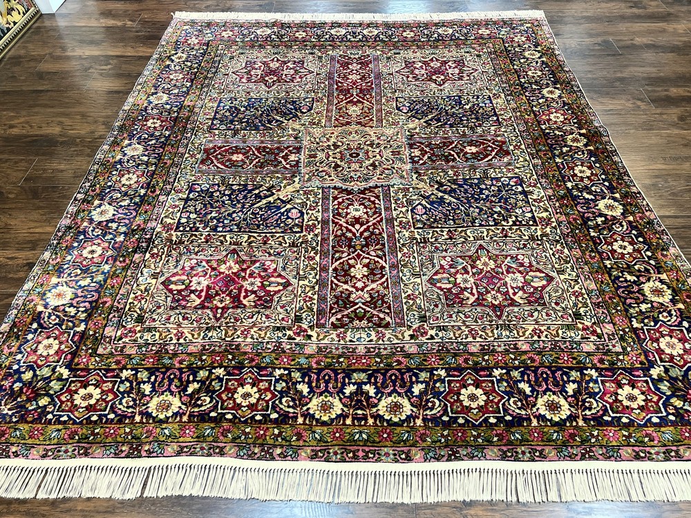 Kirman Lavar Rug 8x9 Antique Carpet Colorful 1920s Handmade Wool Rug 200 KPSI