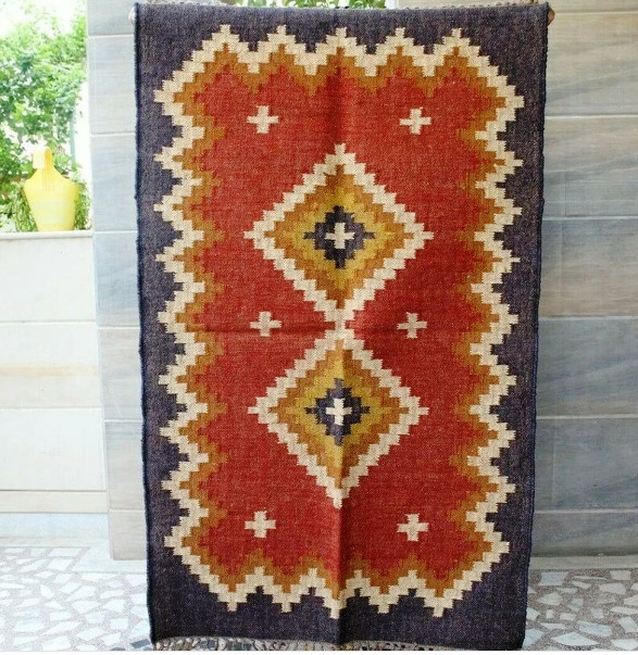 Rectangle Rug Kilim Vintage Wool Jute Area Rug Accent Handmade Hallway Runner gallery