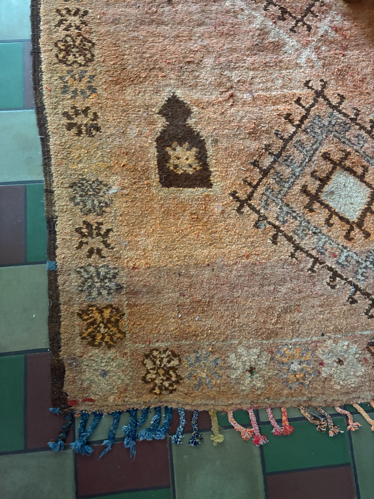 Vintage Handwoven Moroccan Area Rug, Orange, Tan, Blue and red, large, 9ftx 5ft gallery
