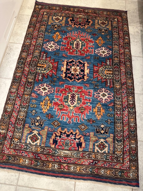 Bright Blue Fine Quality New Handmade Afghan Kazakh Accent Rug, 3'x5' gallery