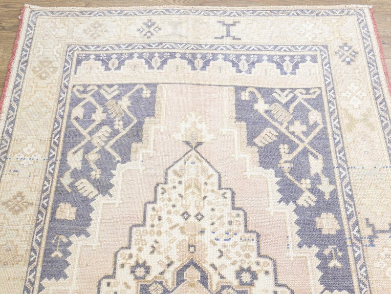 Muted Vintage Turkish Pink Blue Rug 3.11x6 ft Oushak Hand Knotted Wool Carpet gallery