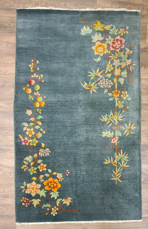 Antique handwoven authentic Chinese olive green rug size 4x6'9" circa 1920s gallery