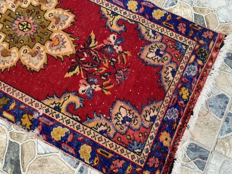 1970s Vintage Turkish Runner Rug 3x6 ft Red Hand-Knotted Wool Hallway Boho gallery