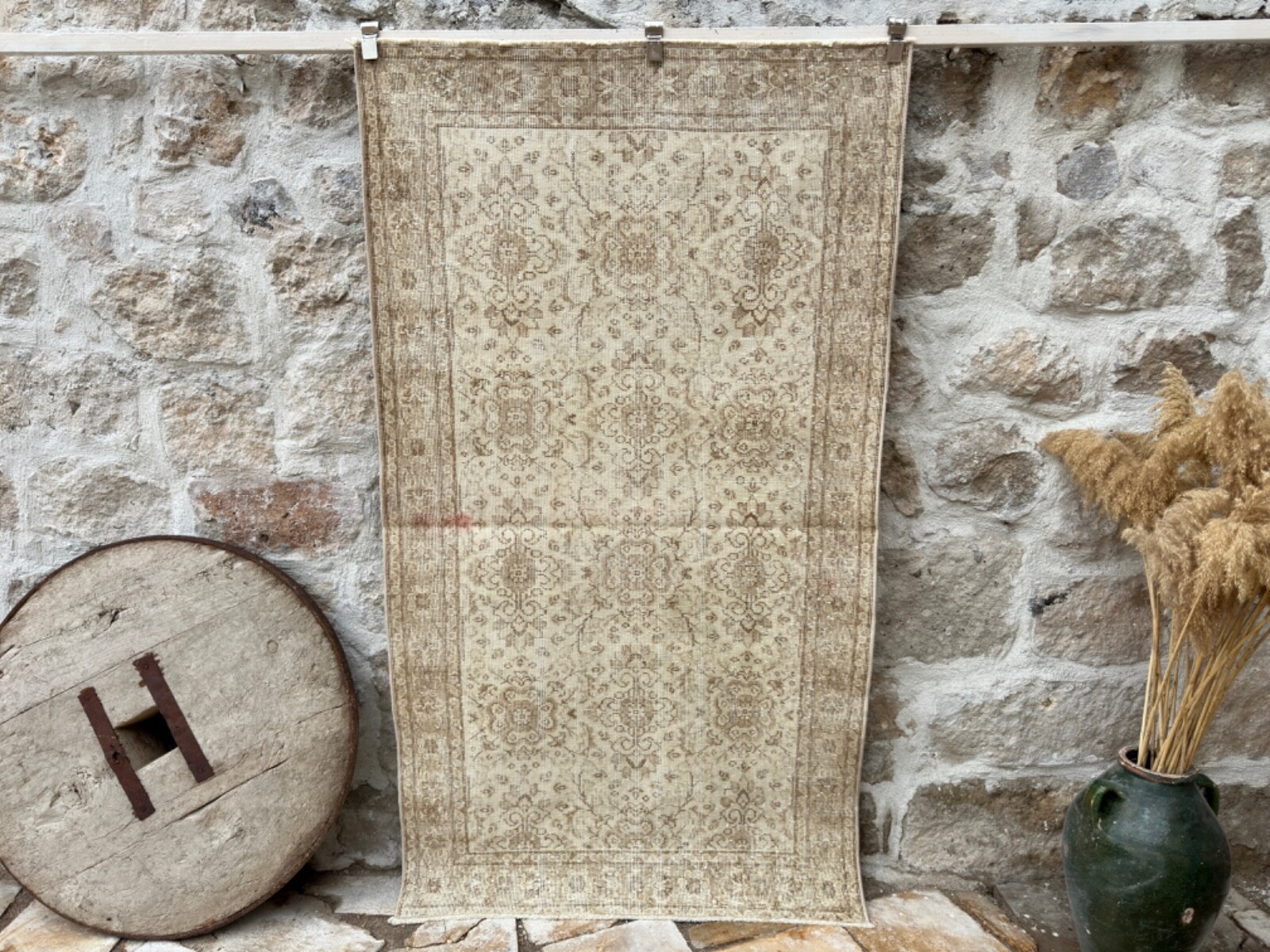 Hand-Woven Oushak Carpet 4x7 Beige Wool Floral Area Rug Medium Size Anatolian gallery