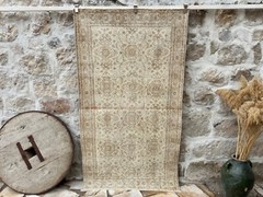 Hand-Woven Oushak Carpet 4×7 Beige Wool Floral Area Rug Medium Size Anatolian