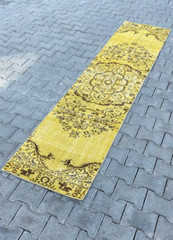 Turkish Rug, 2×9 ft, Vintage Rug, Runner Rug, Yellow Rug, Anatolian Carpet, Wool